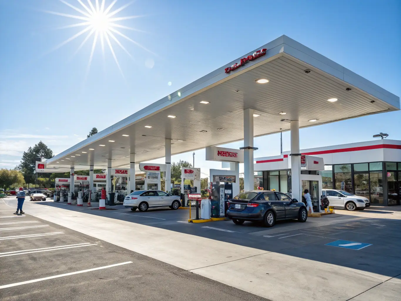 A busy gas station with cars fueling up, highlighting its commercial activity and strategic location, representing gas station financing.