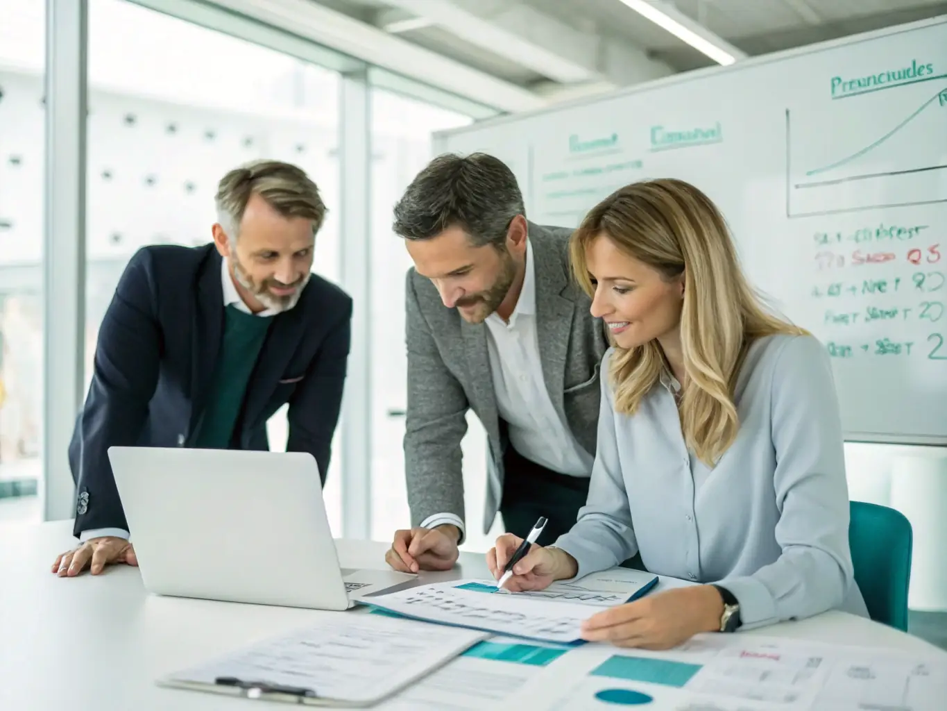 A professional team is working on financial documents in a modern office, symbolizing the comprehensive financial advisory services offered by Atlantic Commercial Lending.