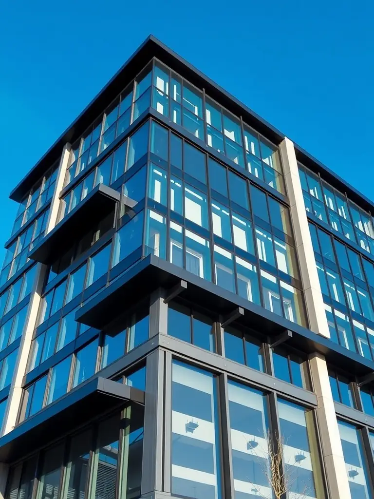 A professional photograph showcasing a modern office building, symbolizing commercial real estate financing, with a subtle Atlantic Commercial Lending logo overlay.