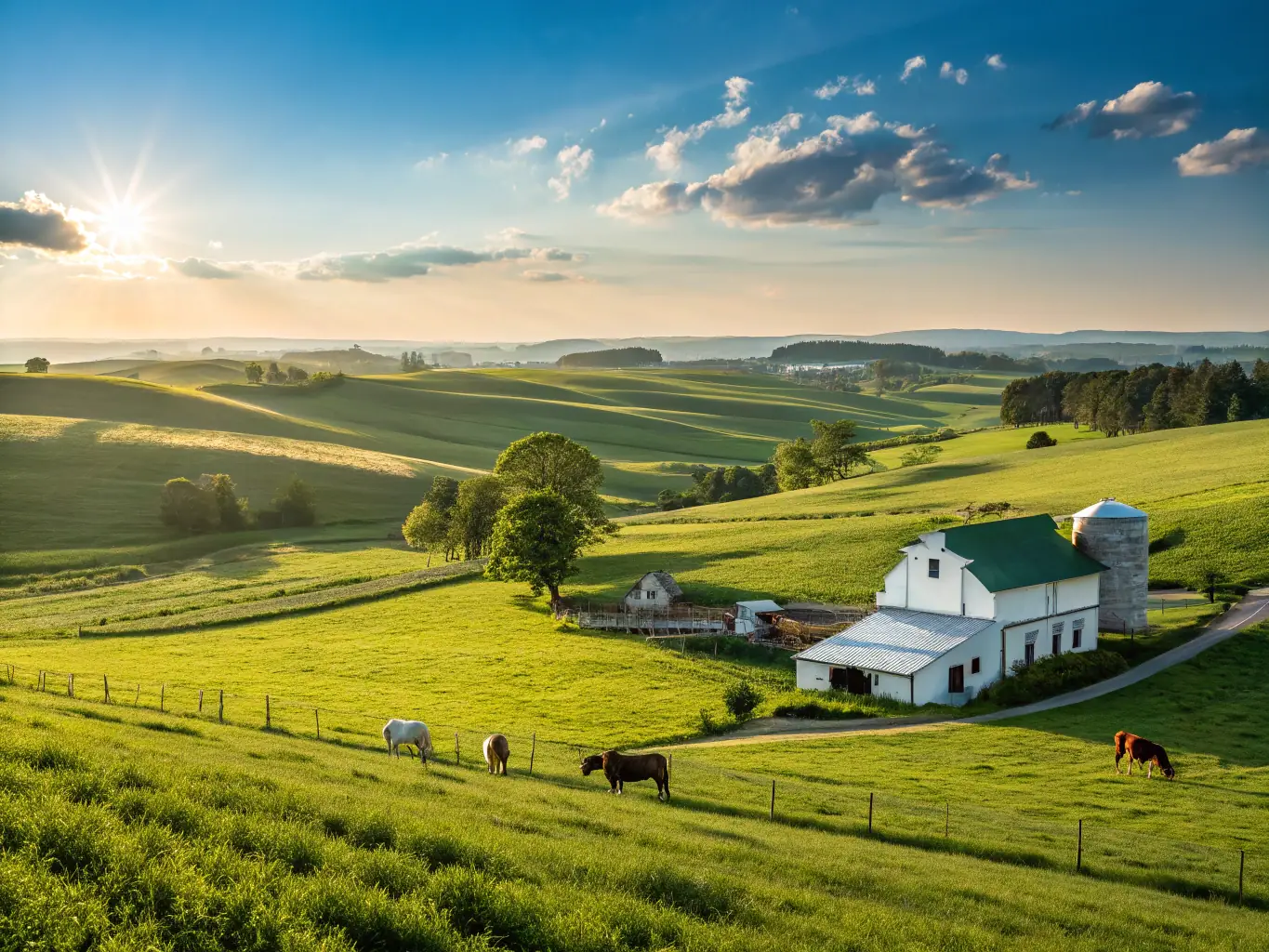 A picturesque rural landscape with a thriving business in the foreground, representing USDA B&I loans for rural development.