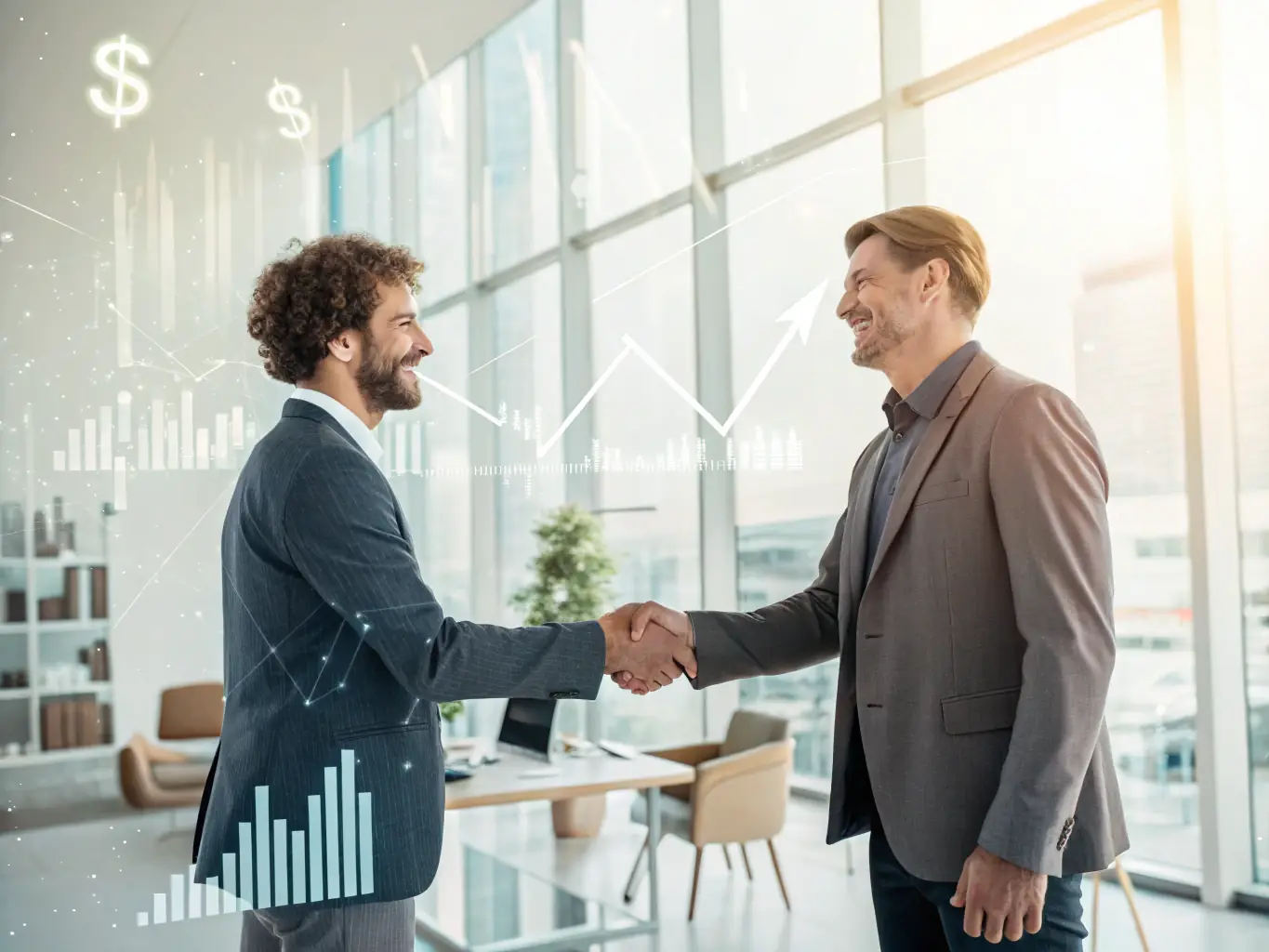 An image depicting a handshake over a financial chart, symbolizing partnership and structured finance, representing Equity & Structured Finance services offered by Atlantic Commercial Lending.
